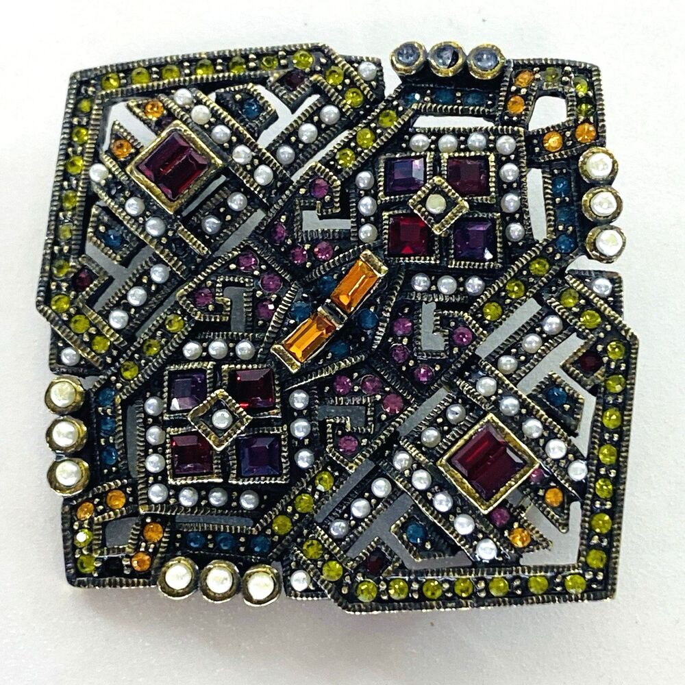 Heidi Daus Art Deco Style Colorful Rhinestone Faux Pearl Brooch Pendant Pin - Picture 3 of 12
